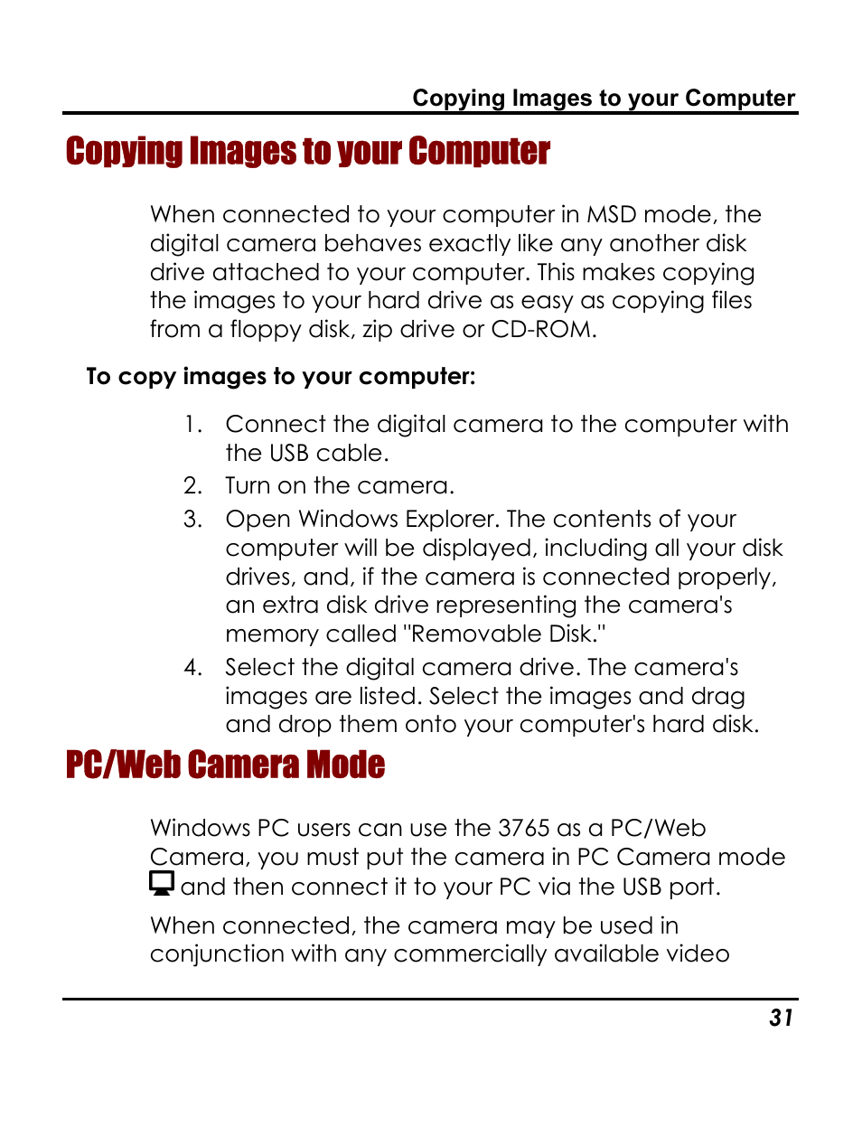 Copying images to your computer, Pc/web camera mode, Transferring images to your computer | Vivitar 3765 User Manual | Page 35 / 55