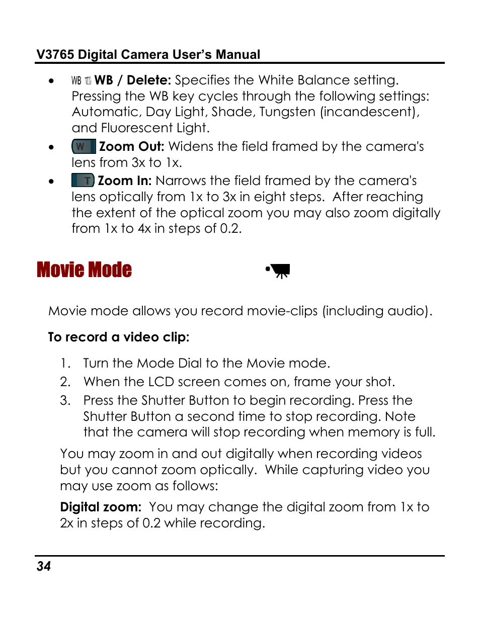 Movie mode | Vivitar 3765 User Manual | Page 38 / 55