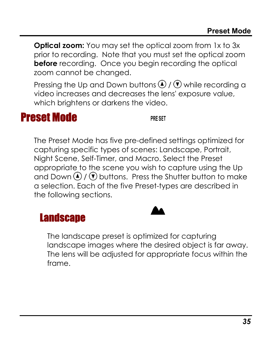 Preset mode, Landscape, Preset modes | Vivitar 3765 User Manual | Page 39 / 55