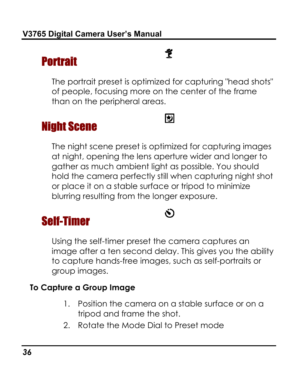 Portrait, Night scene, Self-timer | Vivitar 3765 User Manual | Page 40 / 55