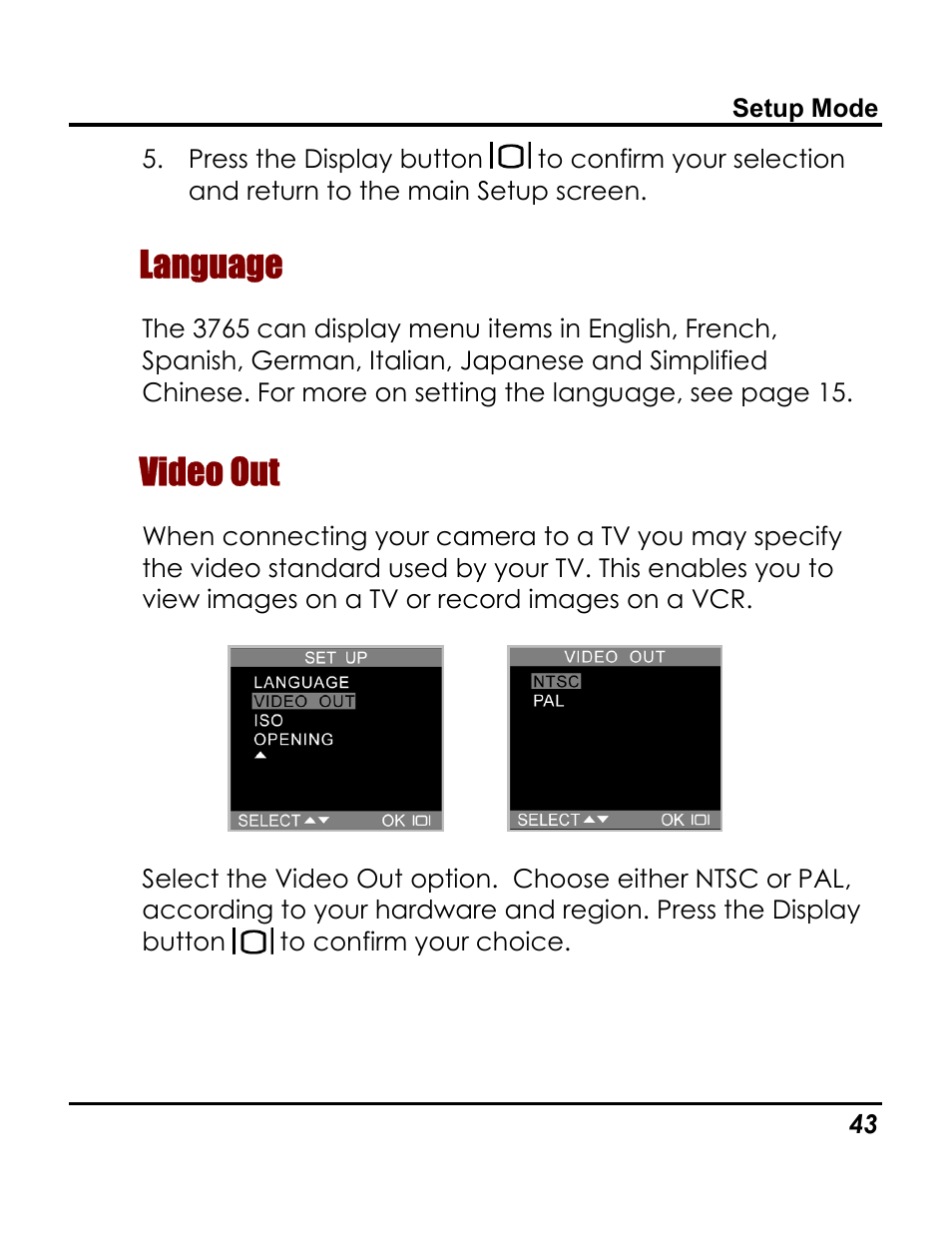 Language, Video out | Vivitar 3765 User Manual | Page 47 / 55