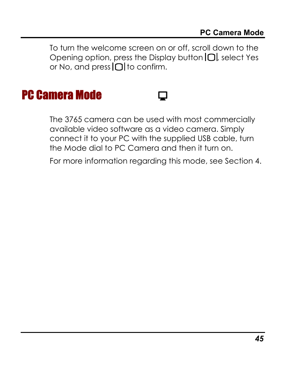 Pc camera mode, Pc/web camera mode | Vivitar 3765 User Manual | Page 49 / 55