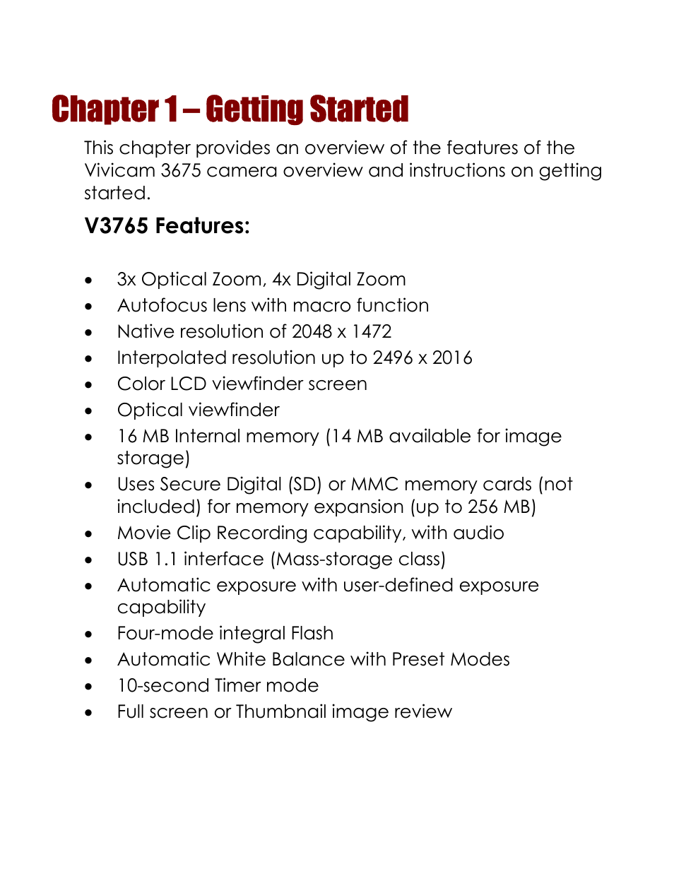 Chapter 1 – getting started, V3765 features | Vivitar 3765 User Manual | Page 5 / 55