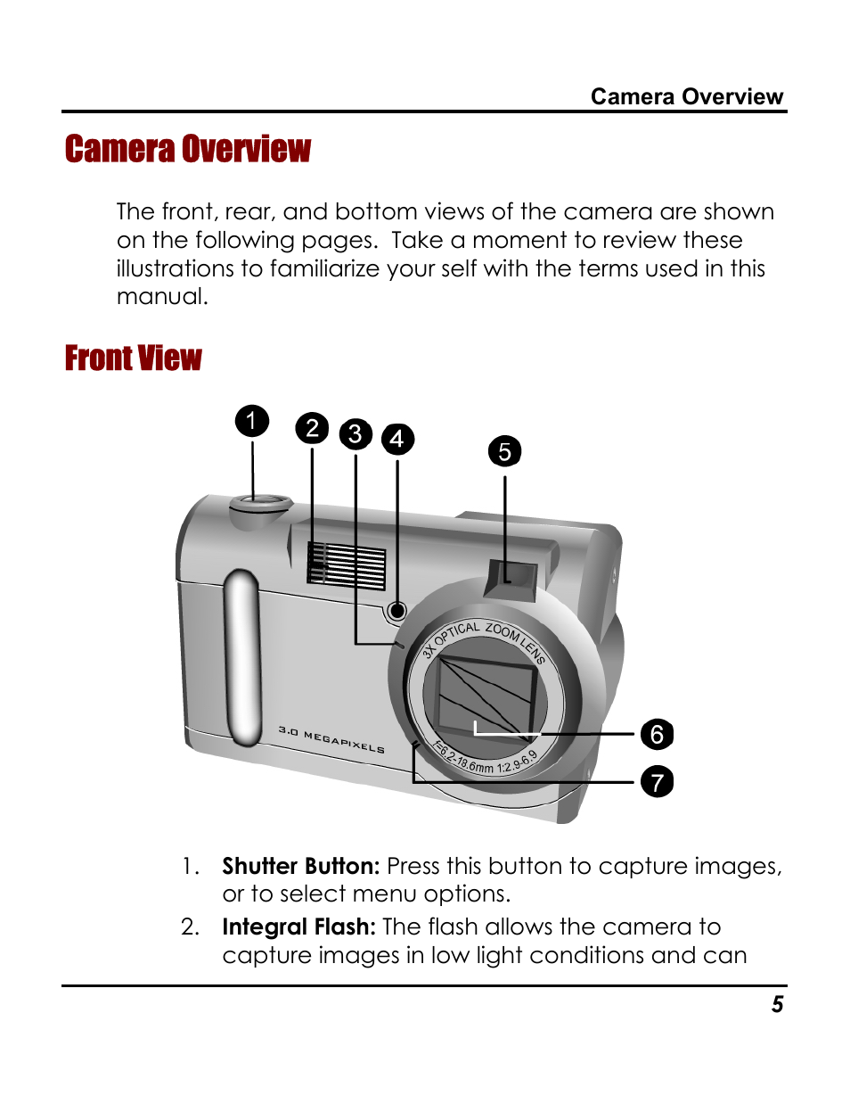 Camera overview, Front view | Vivitar 3765 User Manual | Page 9 / 55