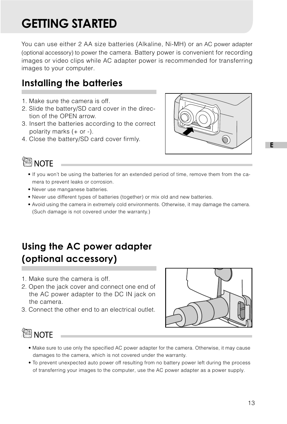 Getting started, Installing the batteries, Using the ac power adapter (optional accessory) | Vivitar Vivicam 3715 User Manual | Page 14 / 47