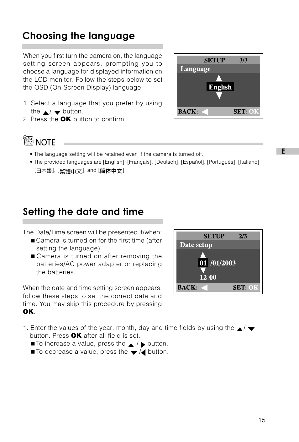 Choosing the language, Setting the date and time | Vivitar Vivicam 3715 User Manual | Page 16 / 47