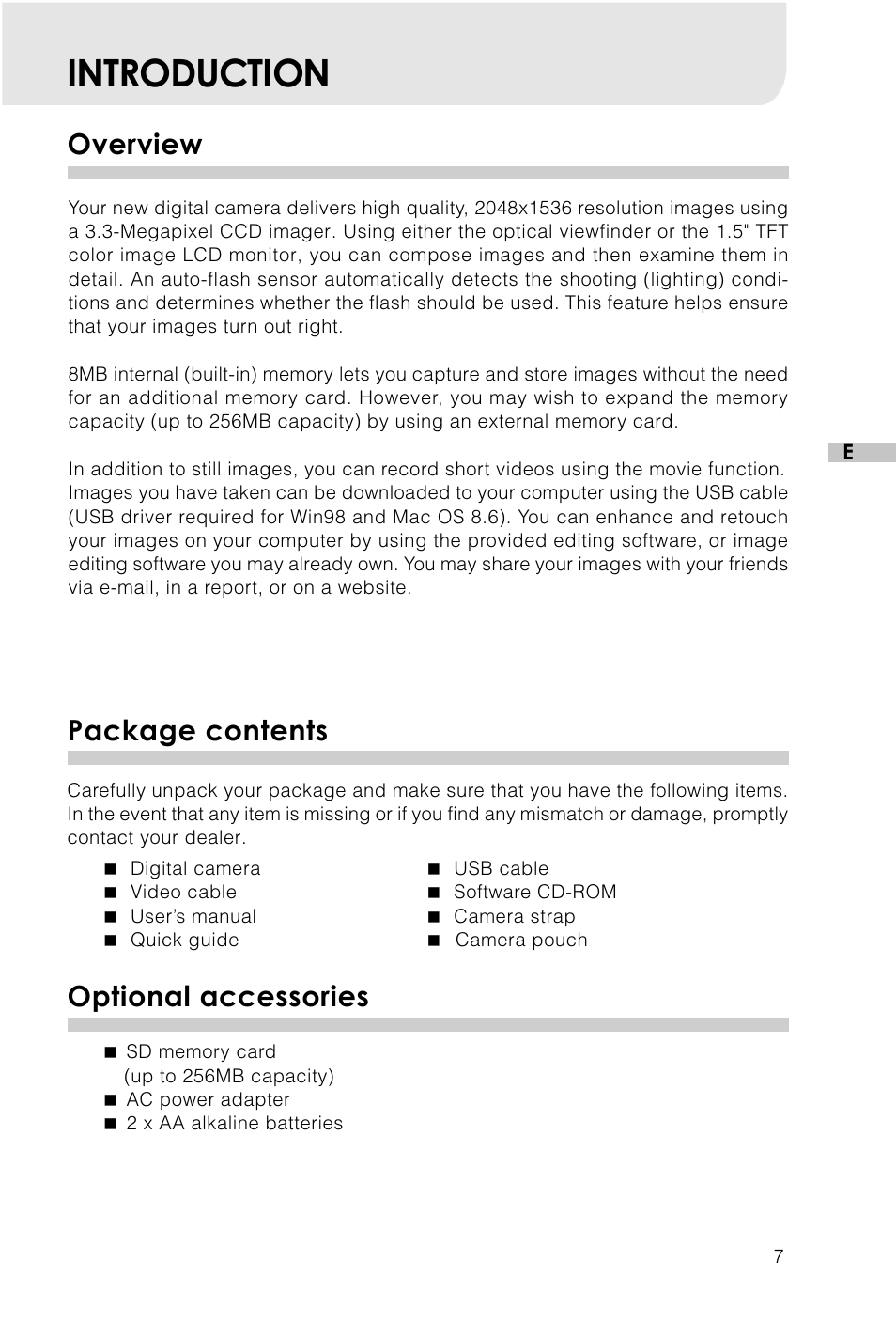 Introduction, Overview, Package contents | Optional accessories | Vivitar Vivicam 3715 User Manual | Page 8 / 47