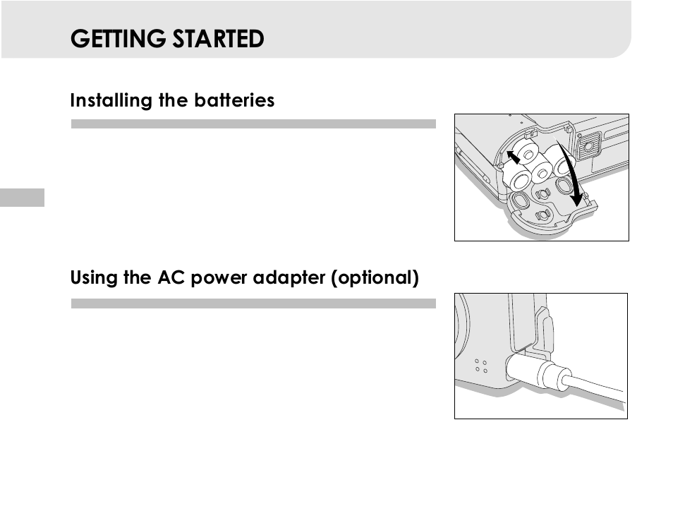 Status lcd, Getting started, Installing the batteries | Using the ac power adapter (optional) . 16, Using the ac power adapter (optional) | Vivitar 3665 User Manual | Page 17 / 60