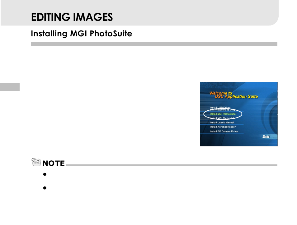 Editing images, Installing mgi photosuite | Vivitar 3665 User Manual | Page 51 / 60