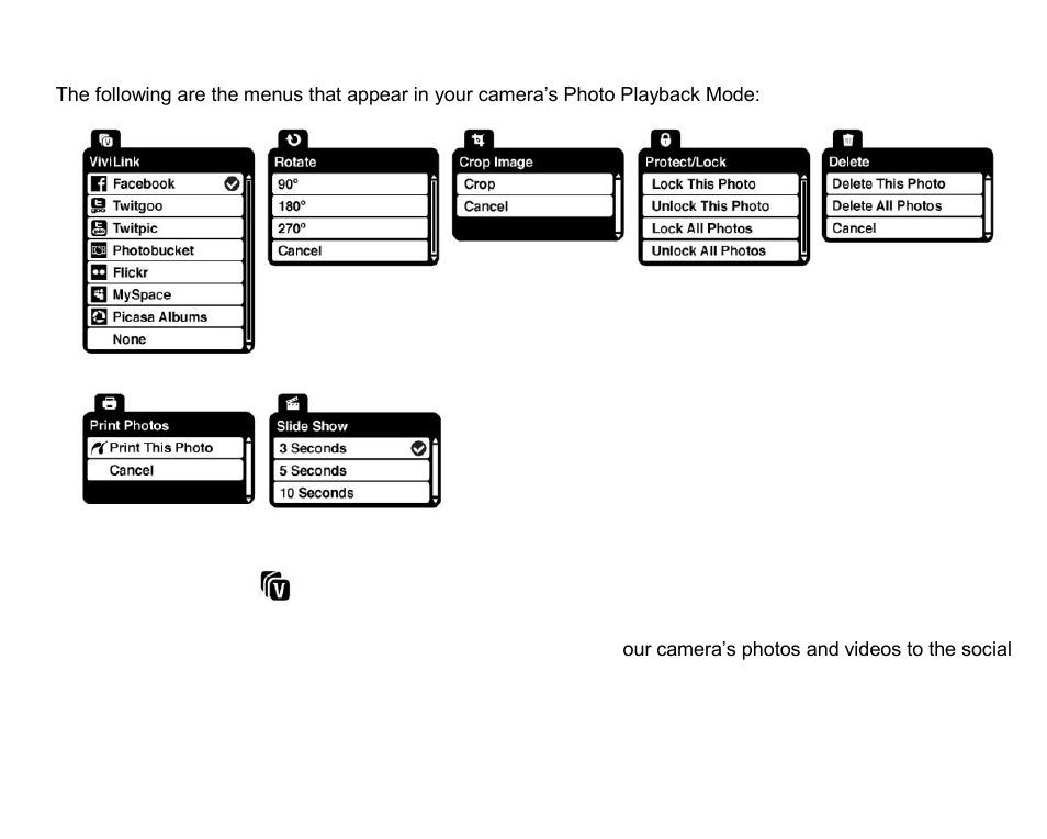Photo playback mode menus, Vivilink menu | Vivitar DVR 910HD User Manual | Page 58 / 74
