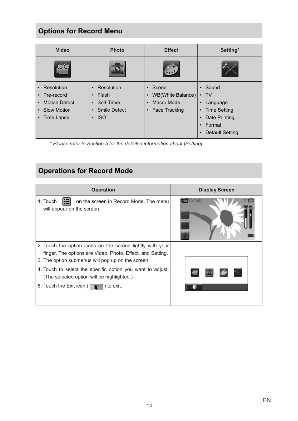 Options for record menu, Operations for record mode | Vivitar 990HD User Manual | Page 14 / 39