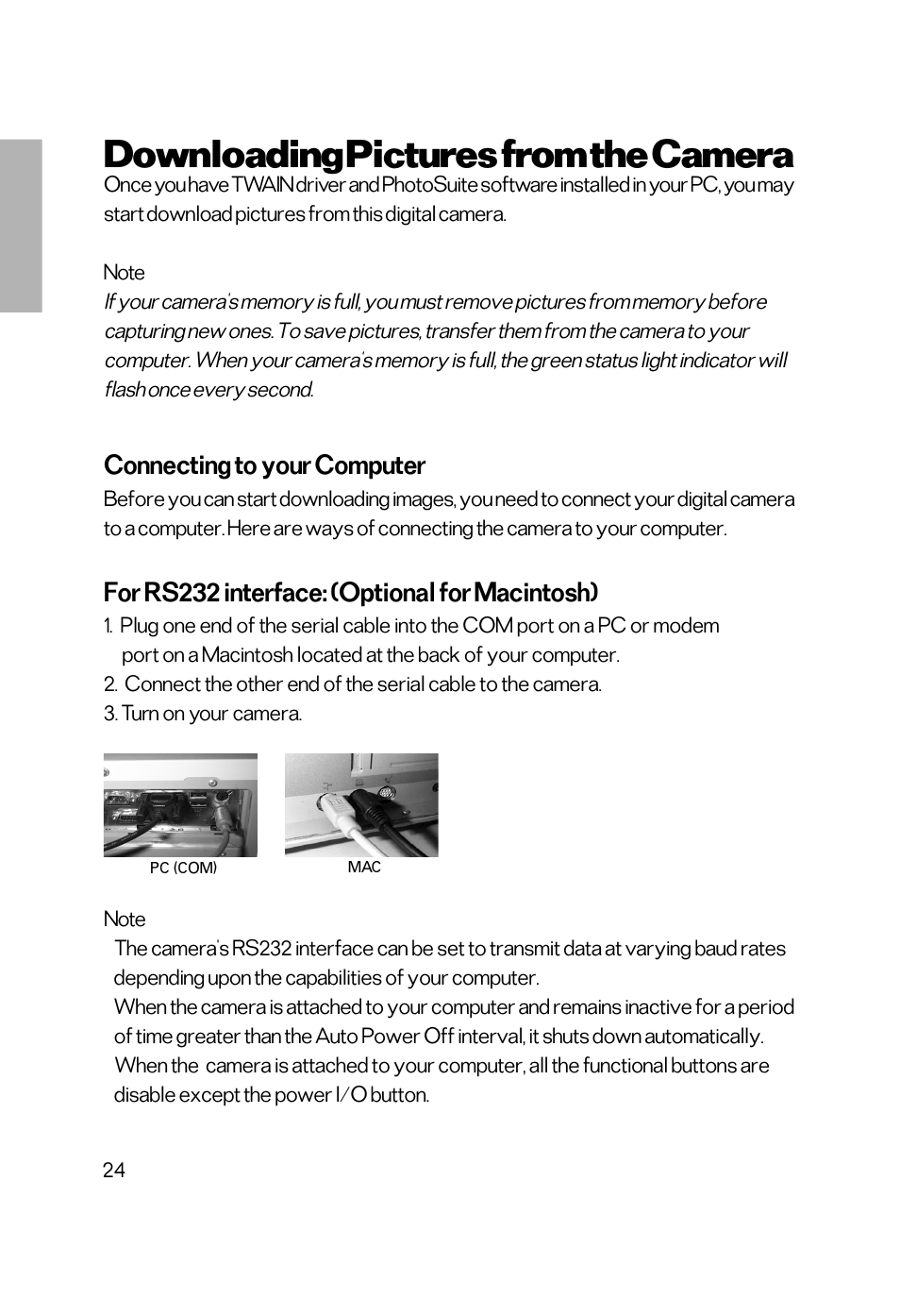 Downloading pictures from the camera, Connecting to your computer, For rs232 interface: (optional for macintosh) | Vivitar Vivicam 2755 User Manual | Page 19 / 22