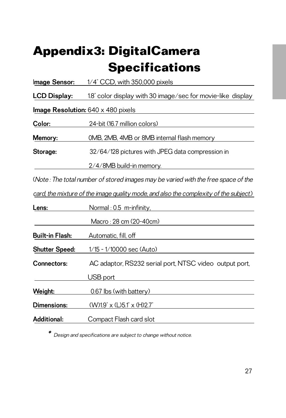 Appendix3: digitalcamera specifications | Vivitar Vivicam 2755 User Manual | Page 22 / 22