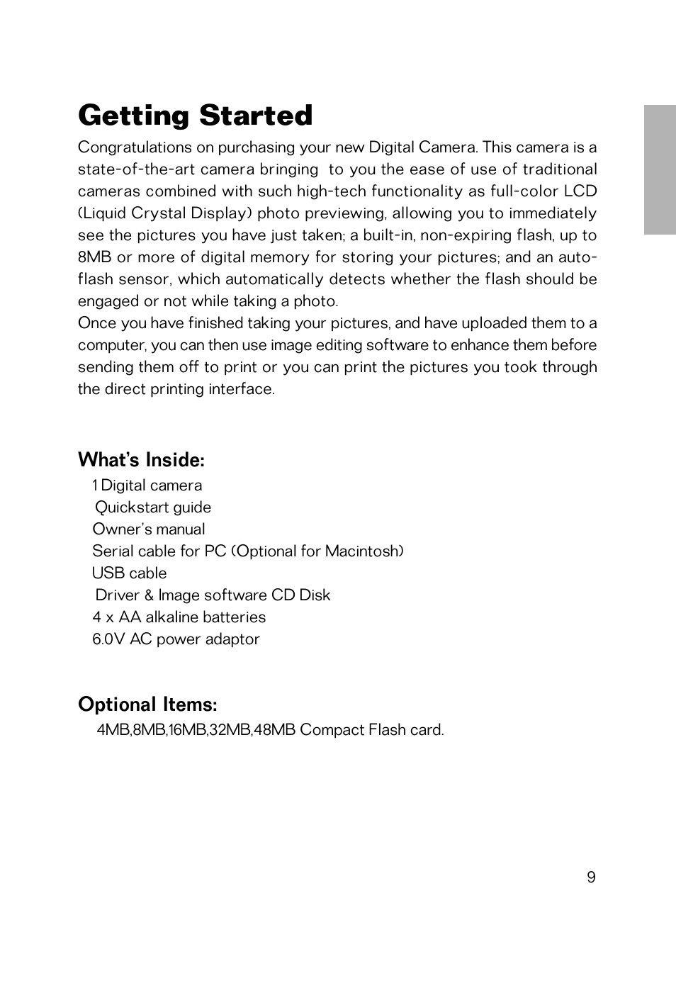 Getting started, What’s inside, Optional items | 1 digital camera, Quickstart guide, Owner’s manual, Serial cable for pc (optional for macintosh), Usb cable, Driver & image software cd disk, 4 x aa alkaline batteries | Vivitar Vivicam 2755 User Manual | Page 4 / 22