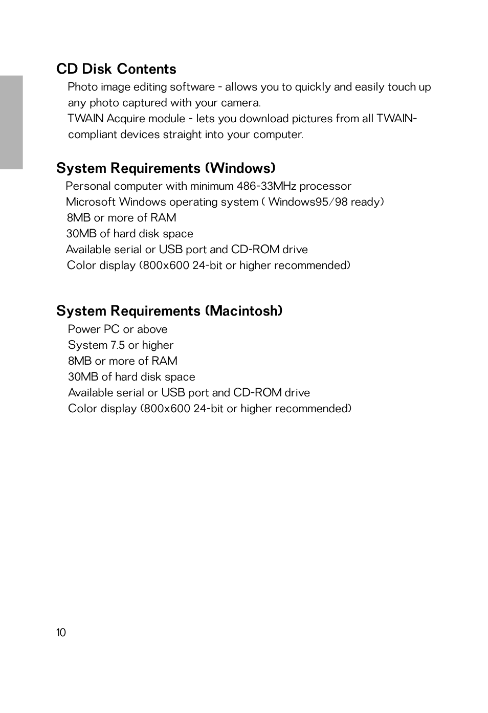 Cd disk contents, System requirements (windows), System requirements (macintosh) | 8mb or more of ram, 30mb of hard disk space, Available serial or usb port and cd-rom drive | Vivitar Vivicam 2755 User Manual | Page 5 / 22
