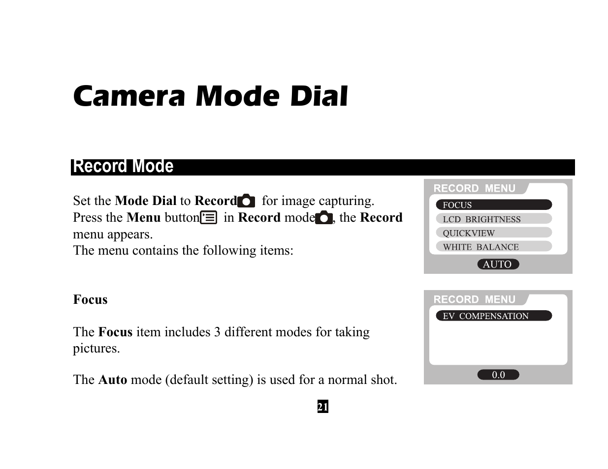 Camera mode dial, Record mode | Vivitar 3615 User Manual | Page 33 / 65