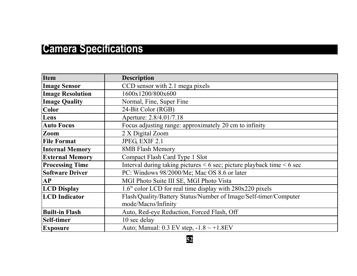 Camera specifications | Vivitar 3615 User Manual | Page 64 / 65