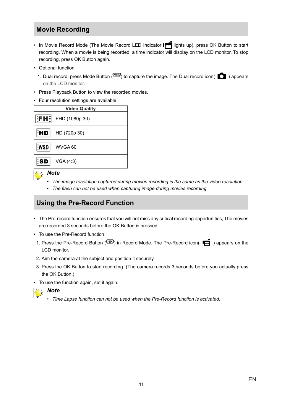 Movie recording, Using the pre-record function | Vivitar 980HD User Manual | Page 11 / 40
