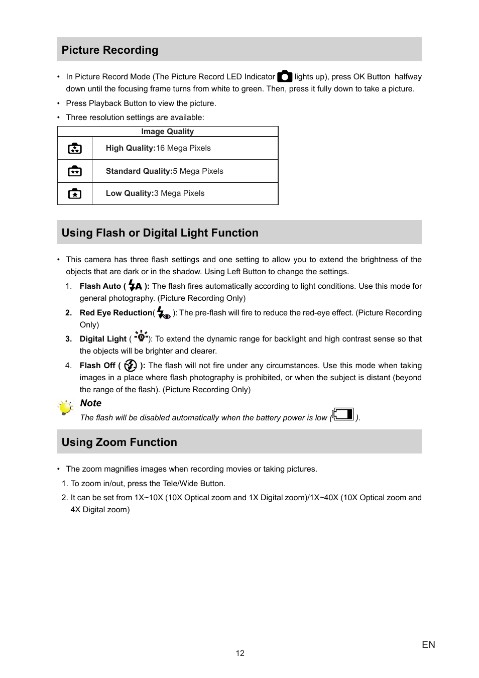 Picture recording, Using flash or digital light function, Using zoom function | Vivitar 980HD User Manual | Page 12 / 40