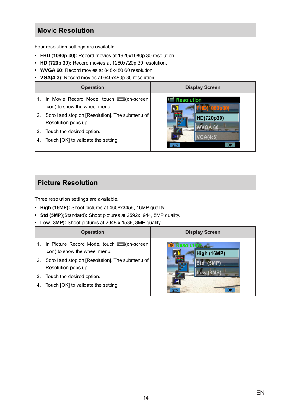 Movie resolution, Picture resolution | Vivitar 980HD User Manual | Page 14 / 40