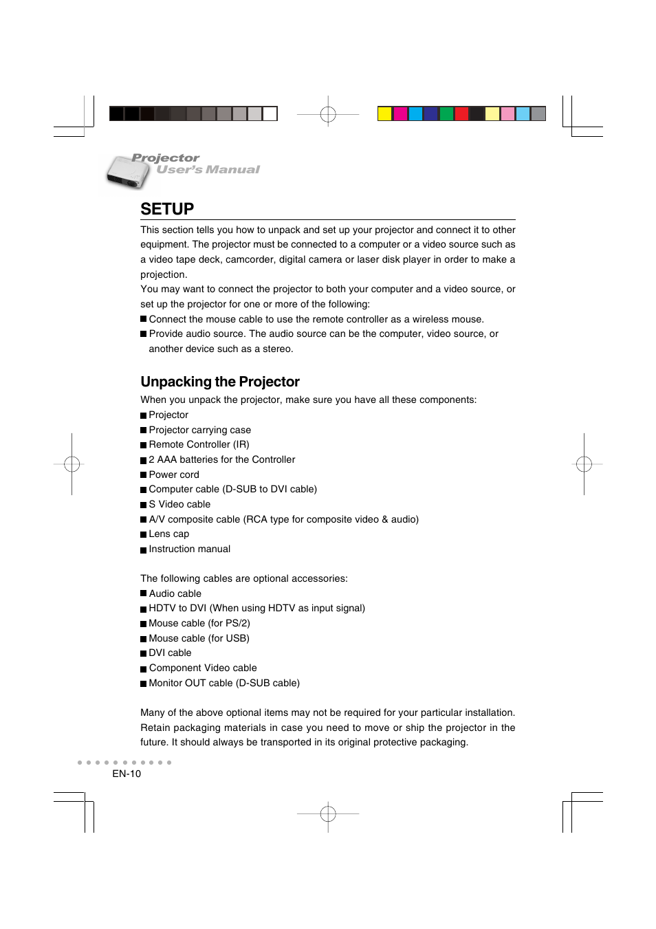 Setup, Unpacking the projector | Vivitar DP-1200 X User Manual | Page 11 / 41