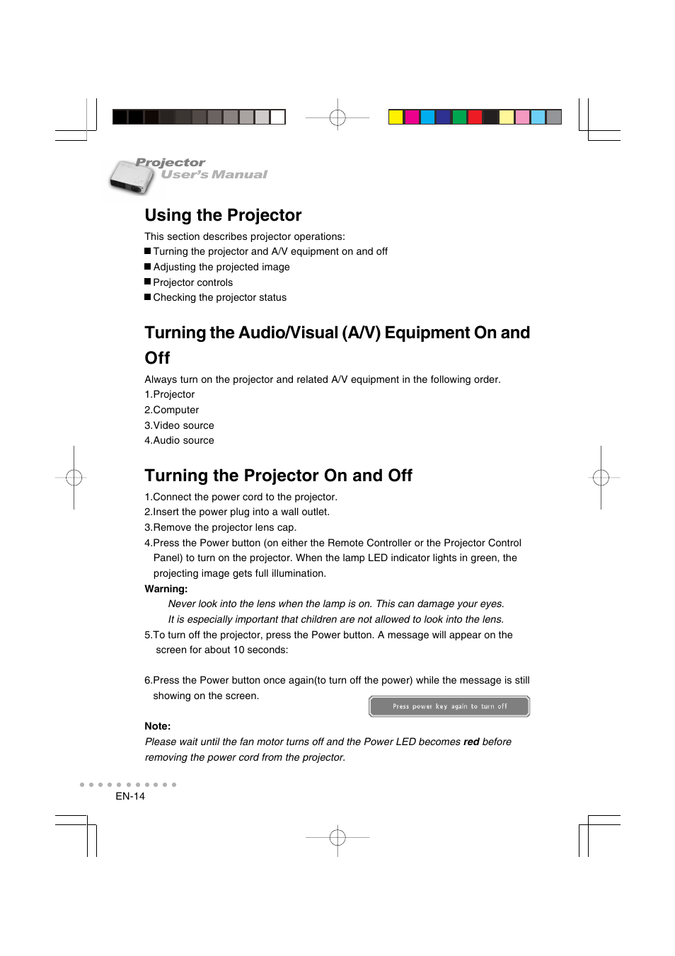Using the projector, Turning the projector on and off | Vivitar DP-1200 X User Manual | Page 15 / 41