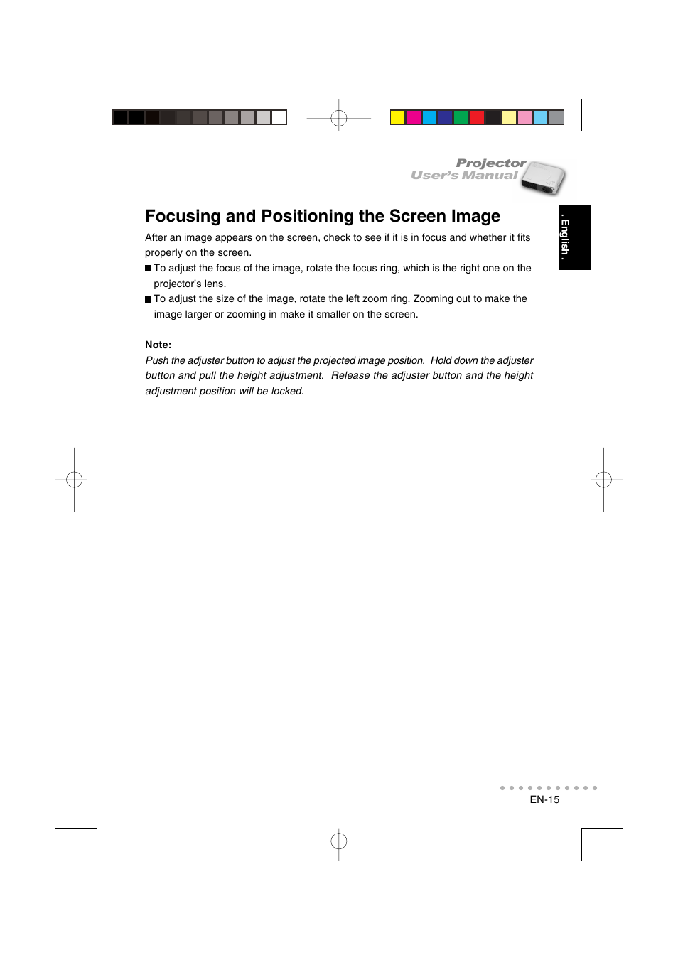 Focusing and positioning the screen image | Vivitar DP-1200 X User Manual | Page 16 / 41