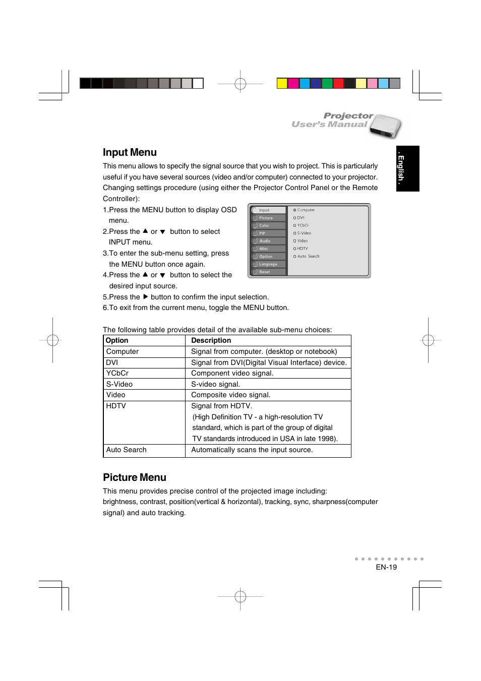 Input menu, Picture menu | Vivitar DP-1200 X User Manual | Page 20 / 41