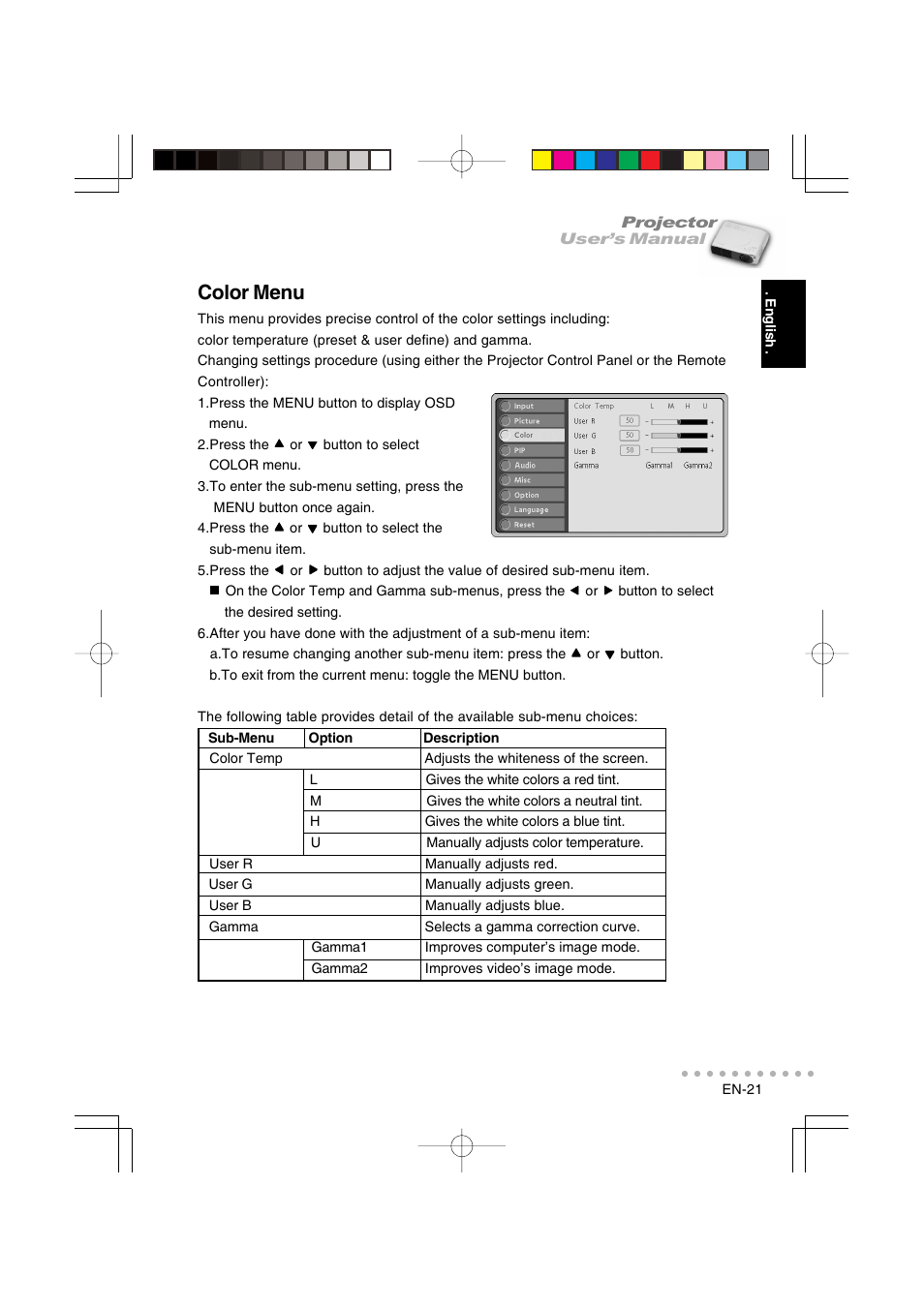 Color menu | Vivitar DP-1200 X User Manual | Page 22 / 41