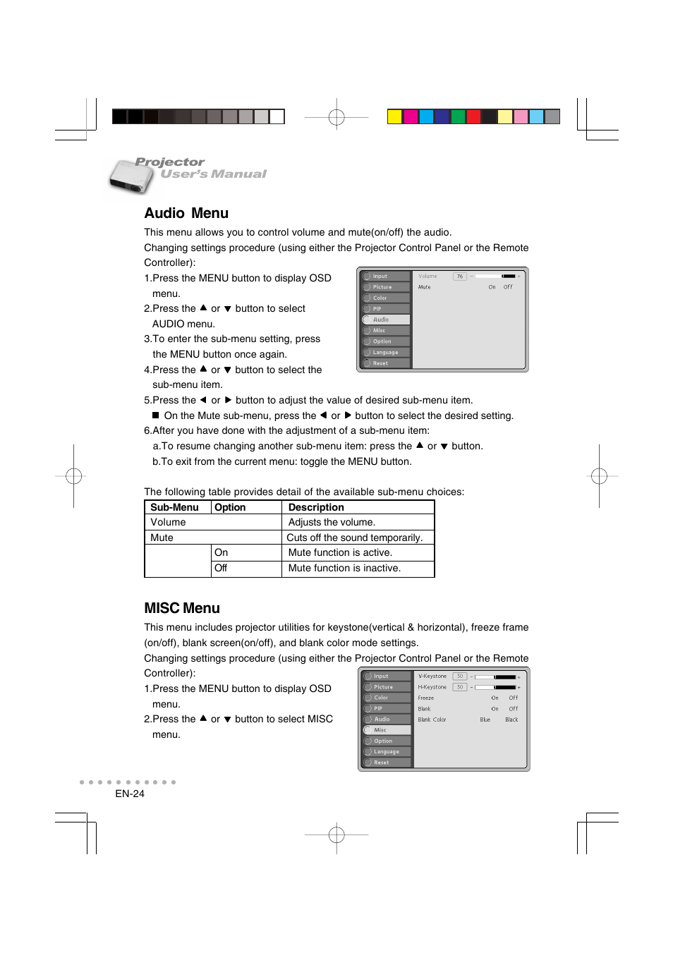 Audio menu, Misc menu | Vivitar DP-1200 X User Manual | Page 25 / 41