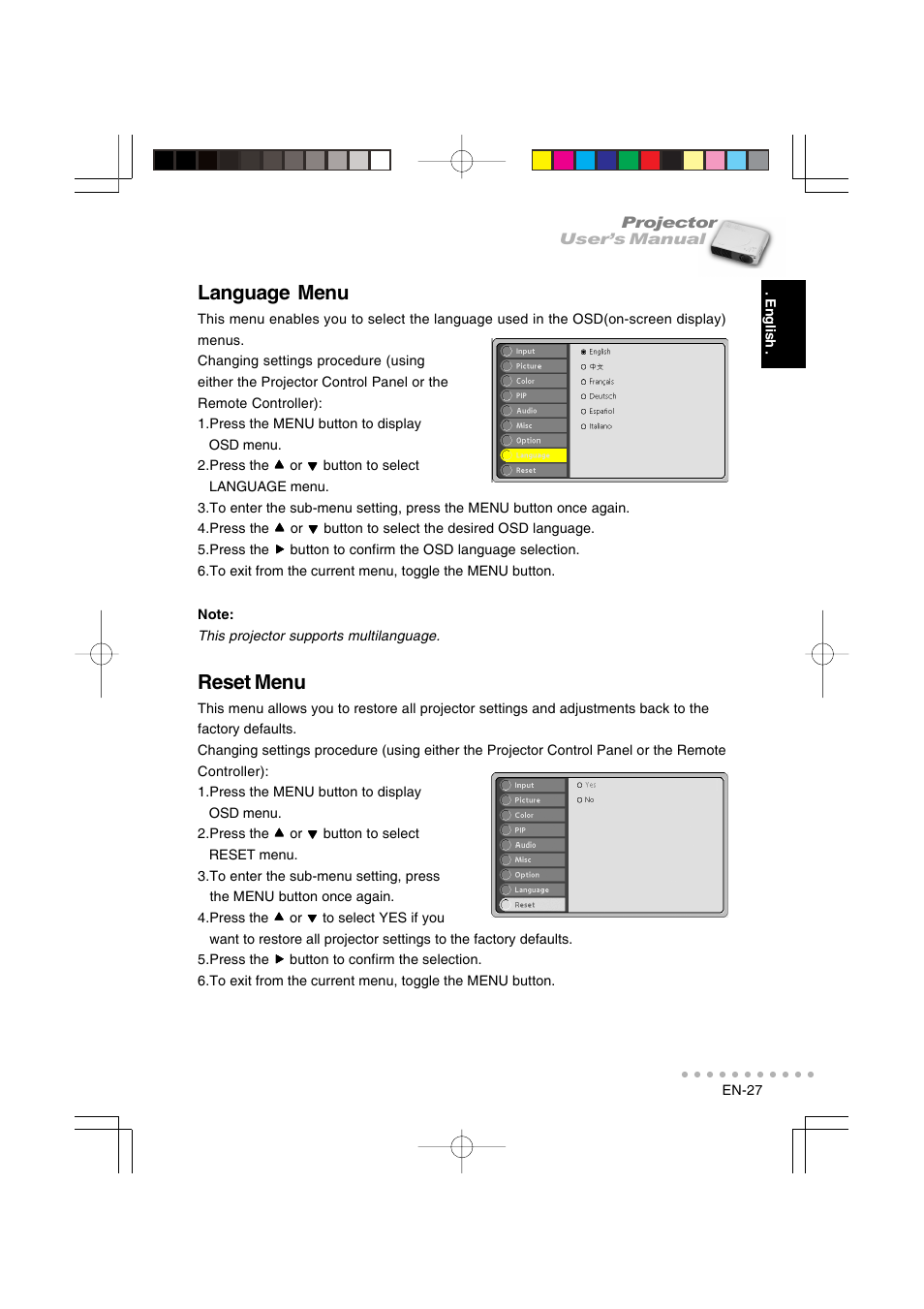 Language menu, Reset menu | Vivitar DP-1200 X User Manual | Page 28 / 41