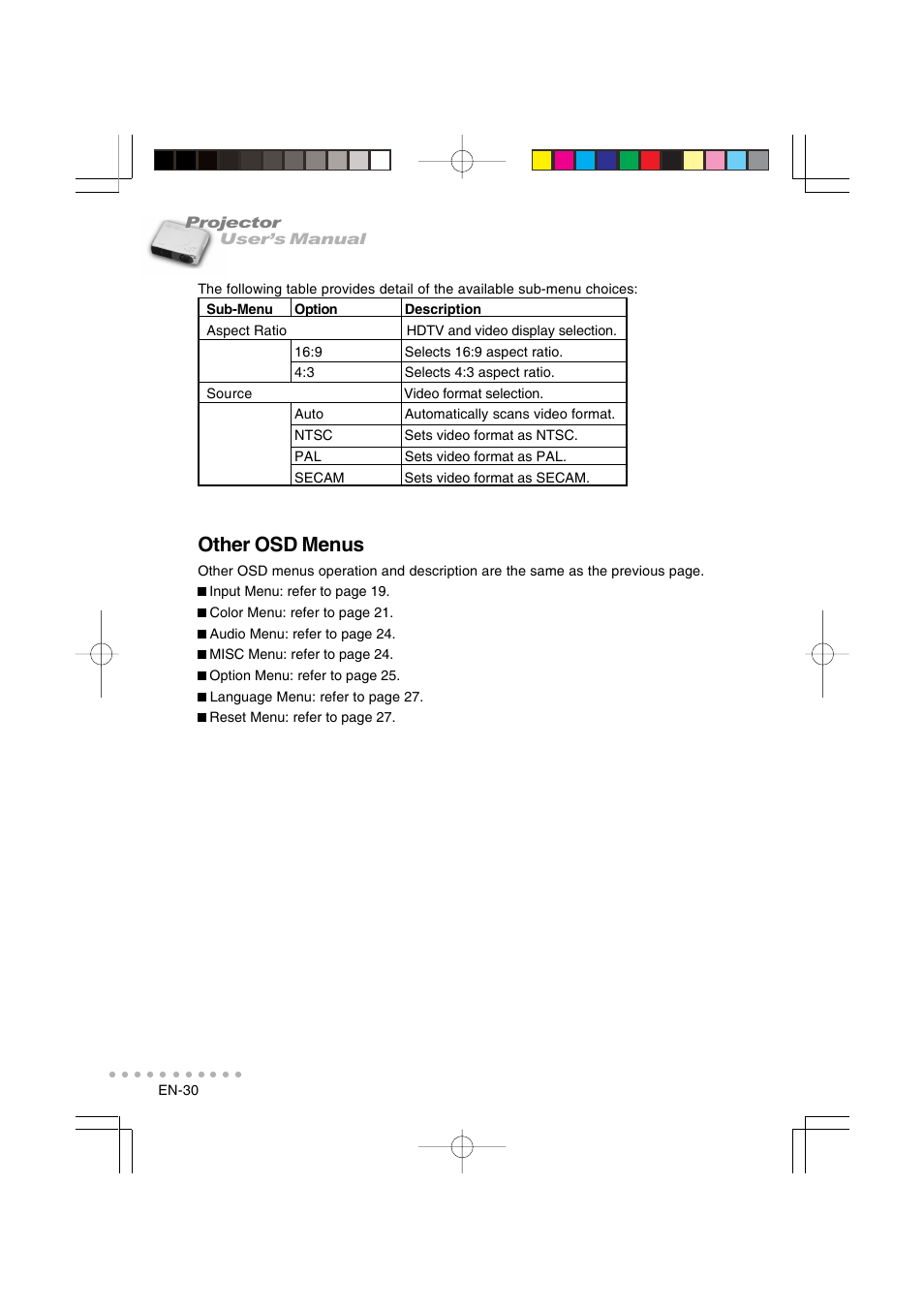 Other osd menus | Vivitar DP-1200 X User Manual | Page 31 / 41