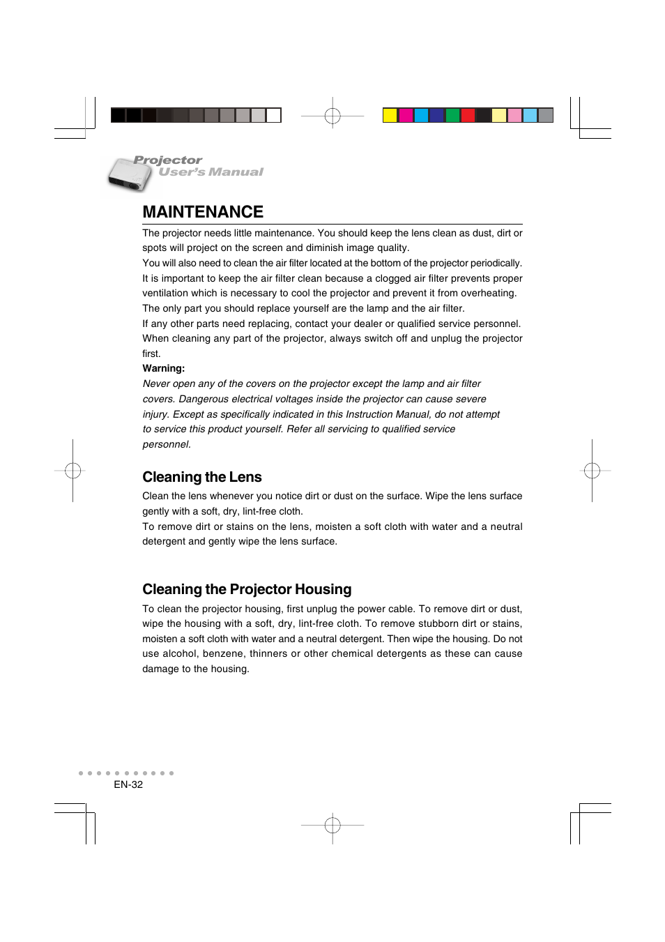 Maintenance, Cleaning the lens, Cleaning the projector housing | Vivitar DP-1200 X User Manual | Page 33 / 41