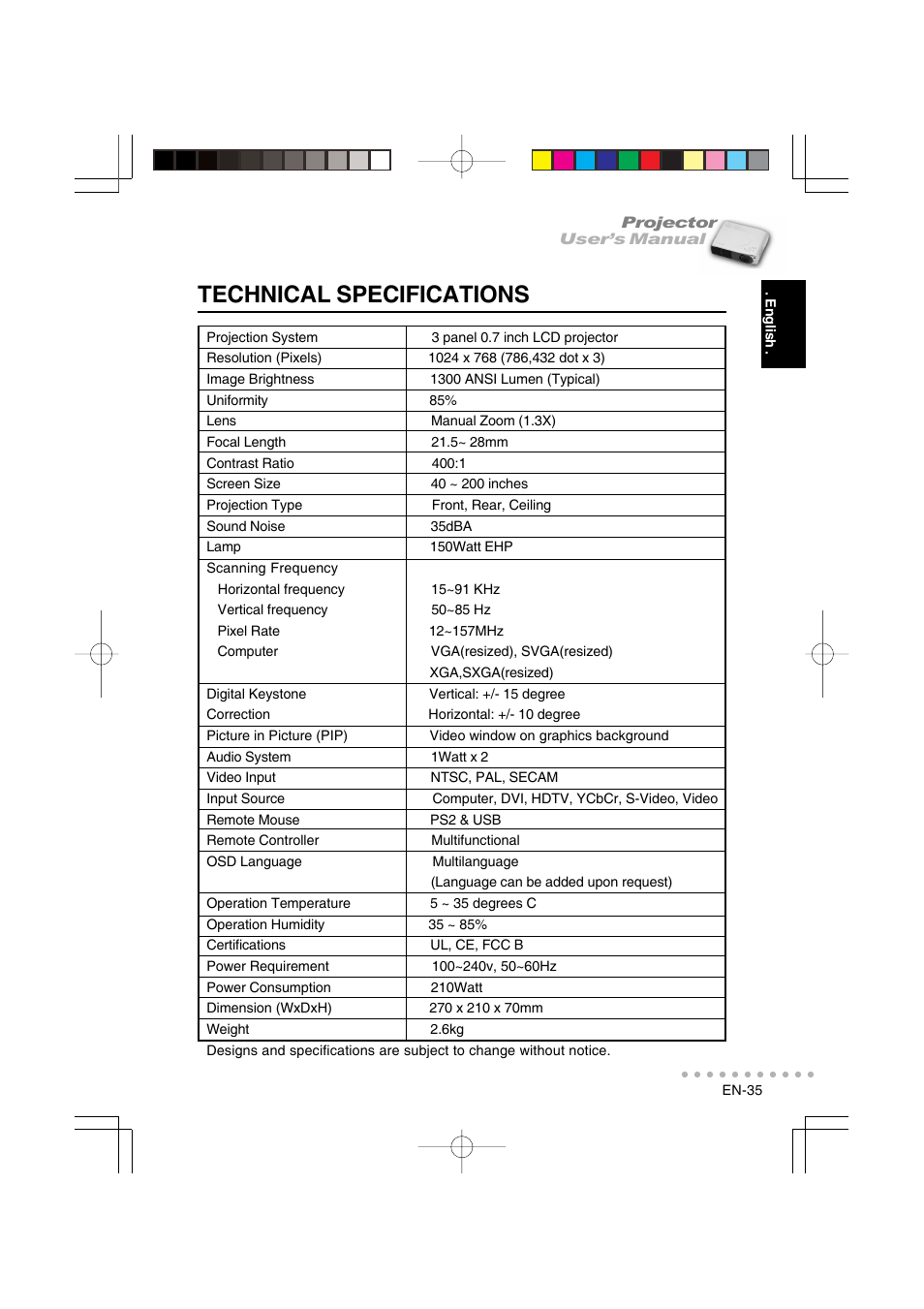 Technical specifications | Vivitar DP-1200 X User Manual | Page 36 / 41