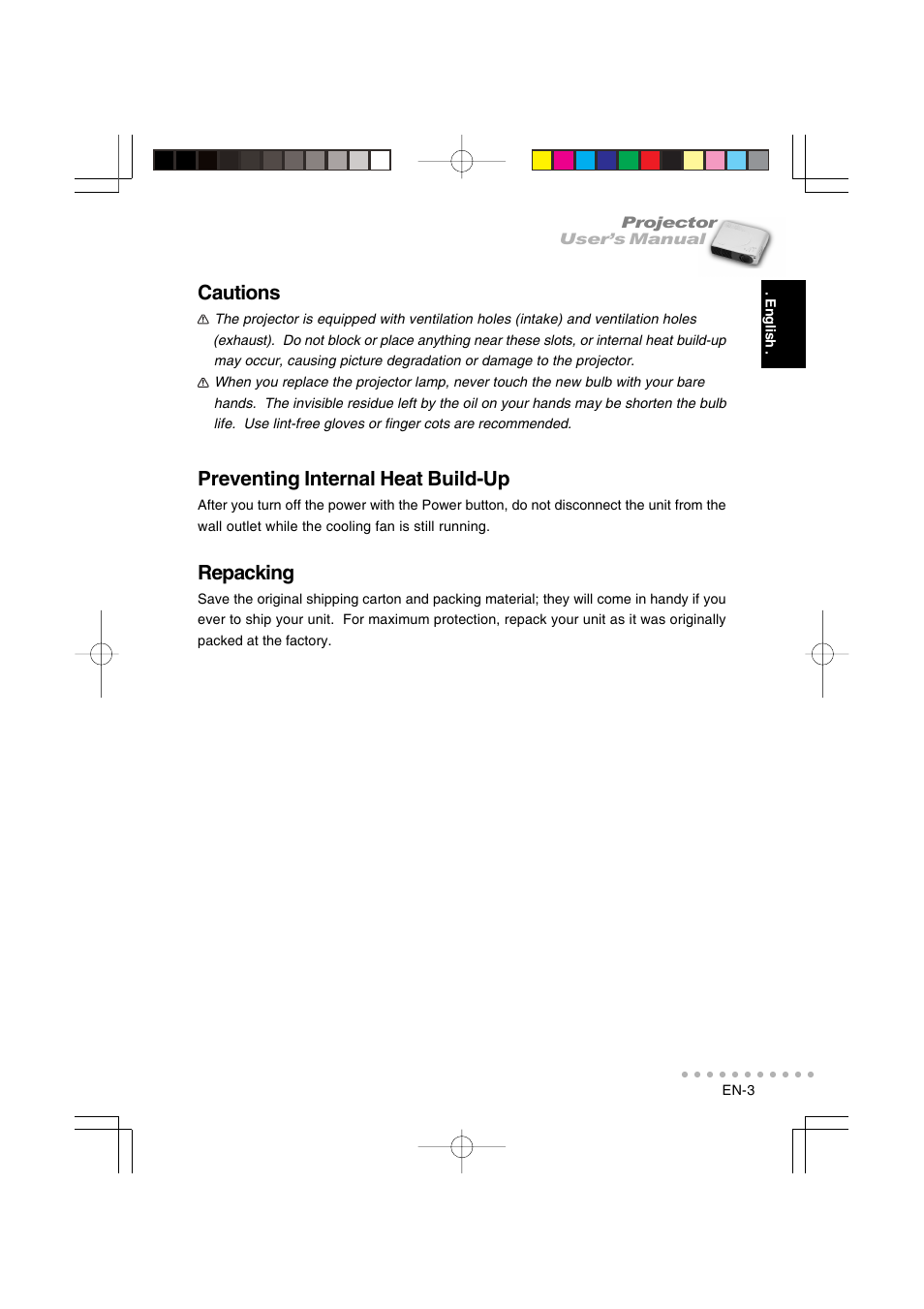 Cautions, Preventing internal heat build-up, Repacking | Vivitar DP-1200 X User Manual | Page 4 / 41