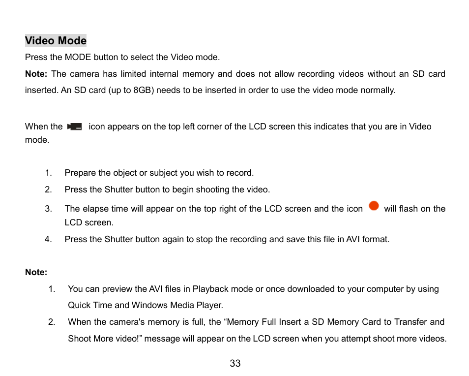 Video mode | Vivitar ViviCam 8324 User Manual | Page 34 / 65
