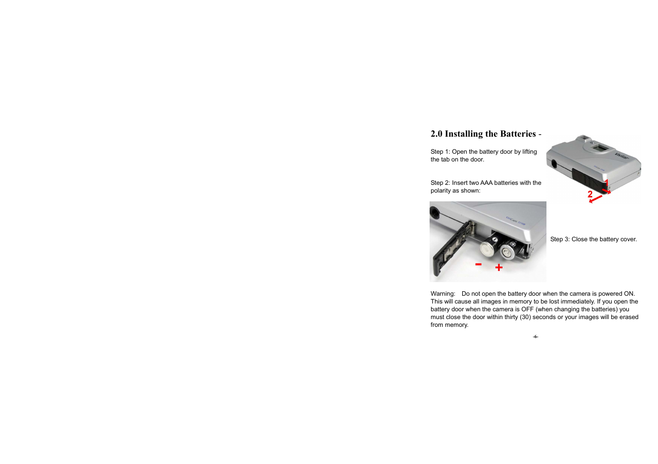 0 installing the batteries | Vivitar Vivicam 3350B User Manual | Page 9 / 29