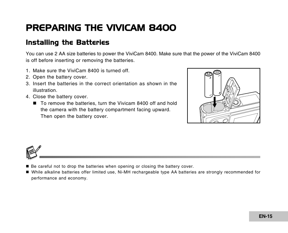 Preparing the vivicam 8400, Installing the batteries | Vivitar Tripod/Video Equipment User Manual | Page 15 / 70