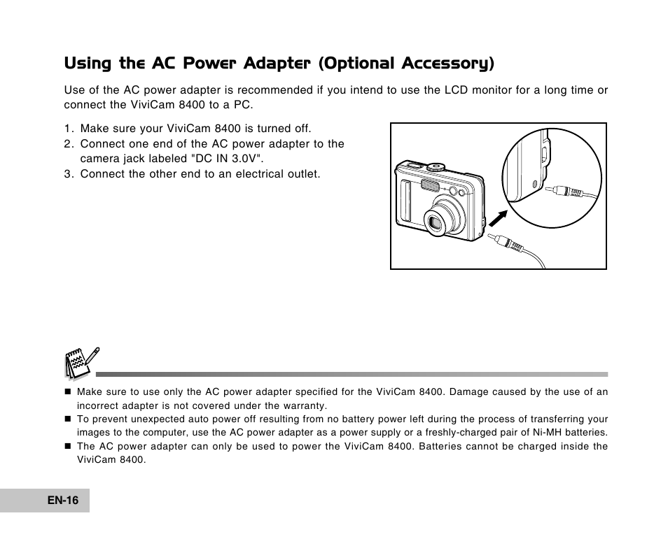 Using the ac power adapter (optional accessory) | Vivitar Tripod/Video Equipment User Manual | Page 16 / 70