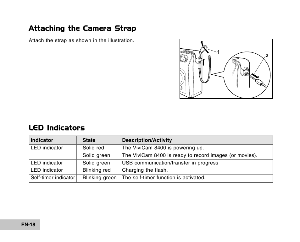 Attaching the camera strap, Led indicators | Vivitar Tripod/Video Equipment User Manual | Page 18 / 70