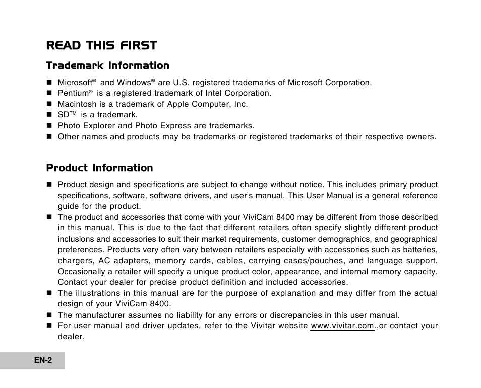 Read this first, Trademark information, Product information | Vivitar Tripod/Video Equipment User Manual | Page 2 / 70