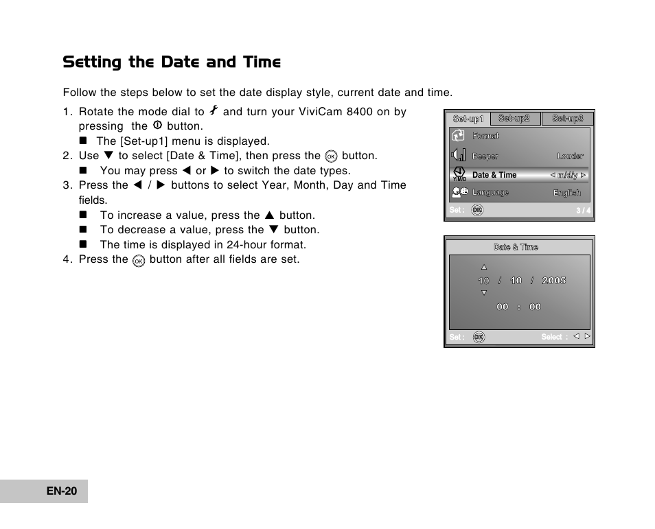 Setting the date and time | Vivitar Tripod/Video Equipment User Manual | Page 20 / 70