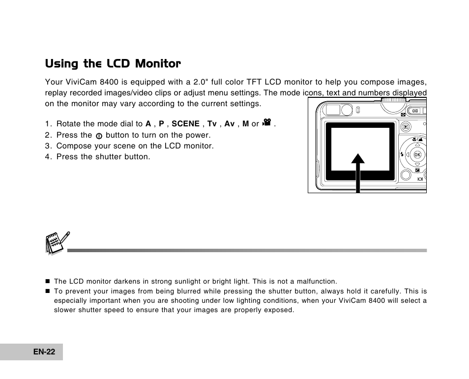 Using the lcd monitor | Vivitar Tripod/Video Equipment User Manual | Page 22 / 70
