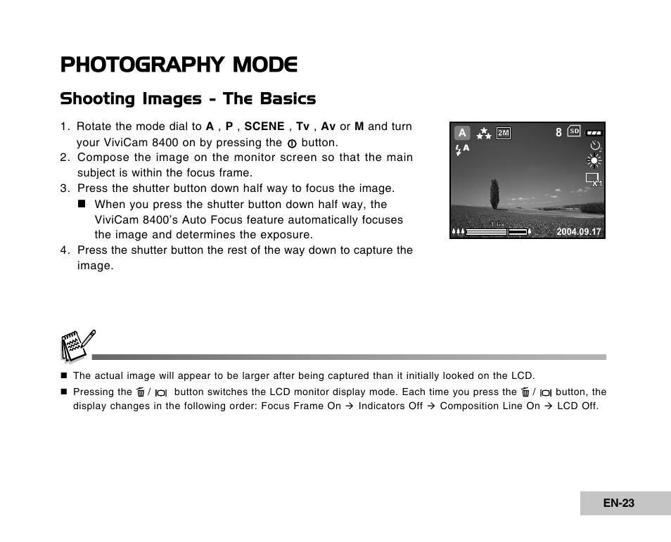 Photography mode, Shooting images - the basics | Vivitar Tripod/Video Equipment User Manual | Page 23 / 70