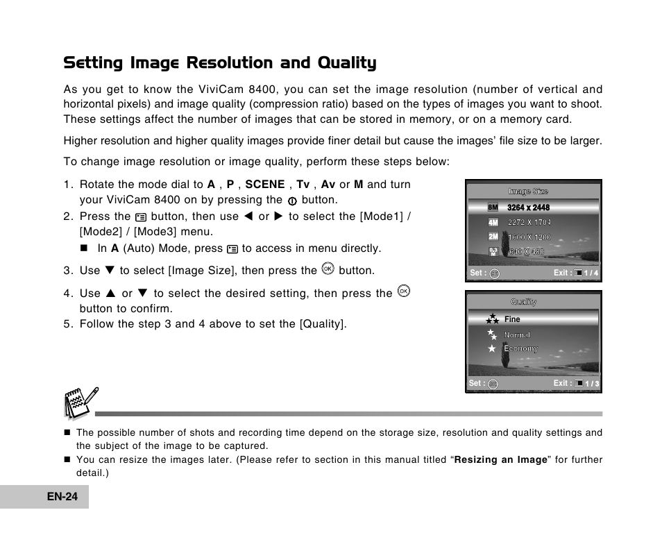Setting image resolution and quality | Vivitar Tripod/Video Equipment User Manual | Page 24 / 70