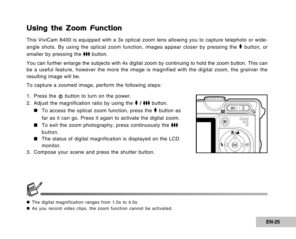 Using the zoom function | Vivitar Tripod/Video Equipment User Manual | Page 25 / 70