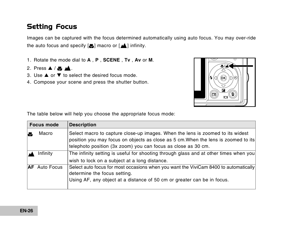 Setting focus | Vivitar Tripod/Video Equipment User Manual | Page 26 / 70
