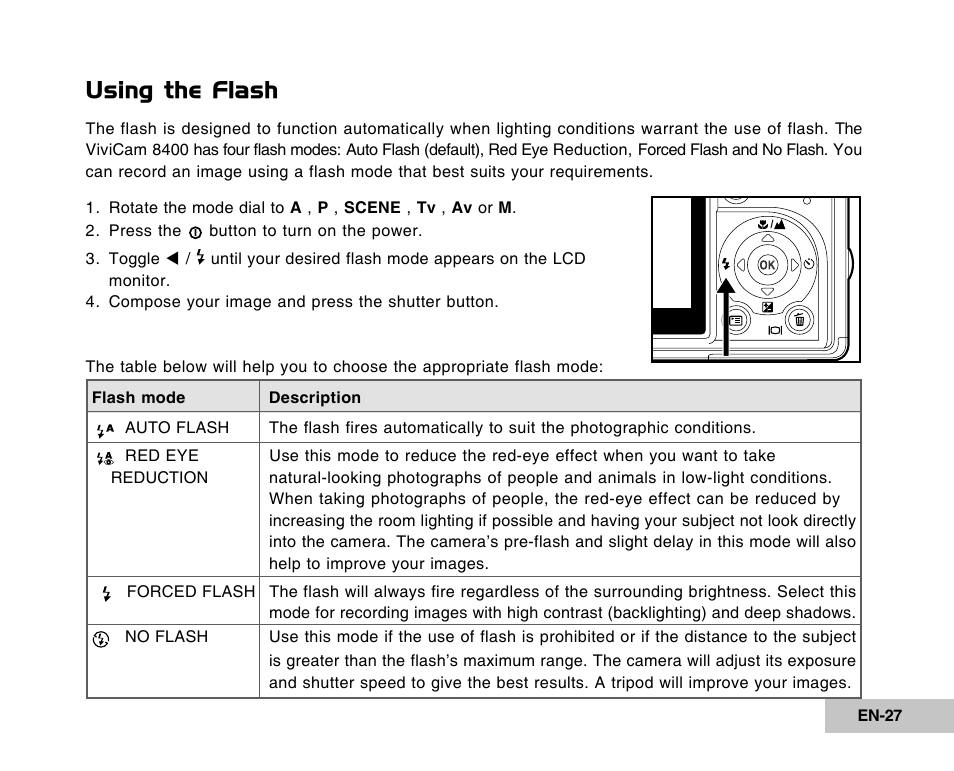Using the flash | Vivitar Tripod/Video Equipment User Manual | Page 27 / 70