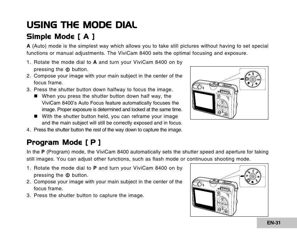 Using the mode dial, Simple mode [ a, Program mode [ p | Vivitar Tripod/Video Equipment User Manual | Page 31 / 70