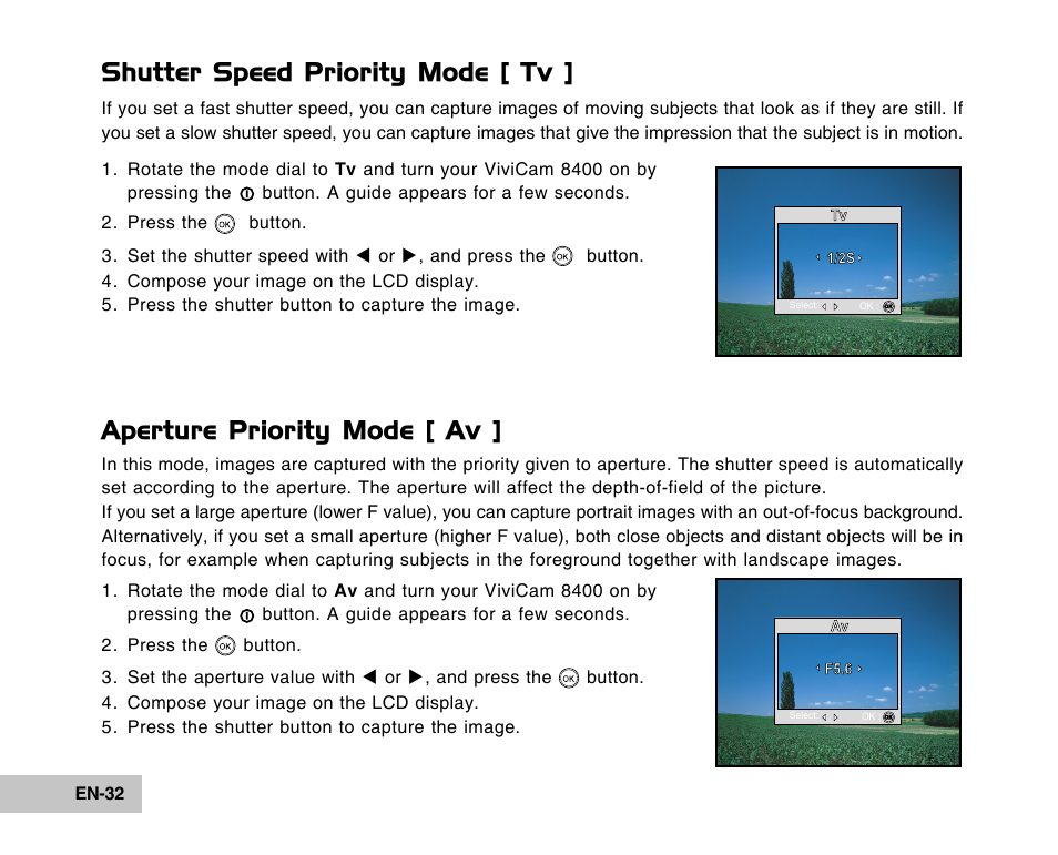 Shutter speed priority mode [ tv, Aperture priority mode [ av | Vivitar Tripod/Video Equipment User Manual | Page 32 / 70